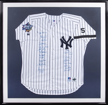 1999 New York Yankees Team Signed Home Jersey With 20 Signatures In 42x44 Framed Display #50/199 (Steiner)